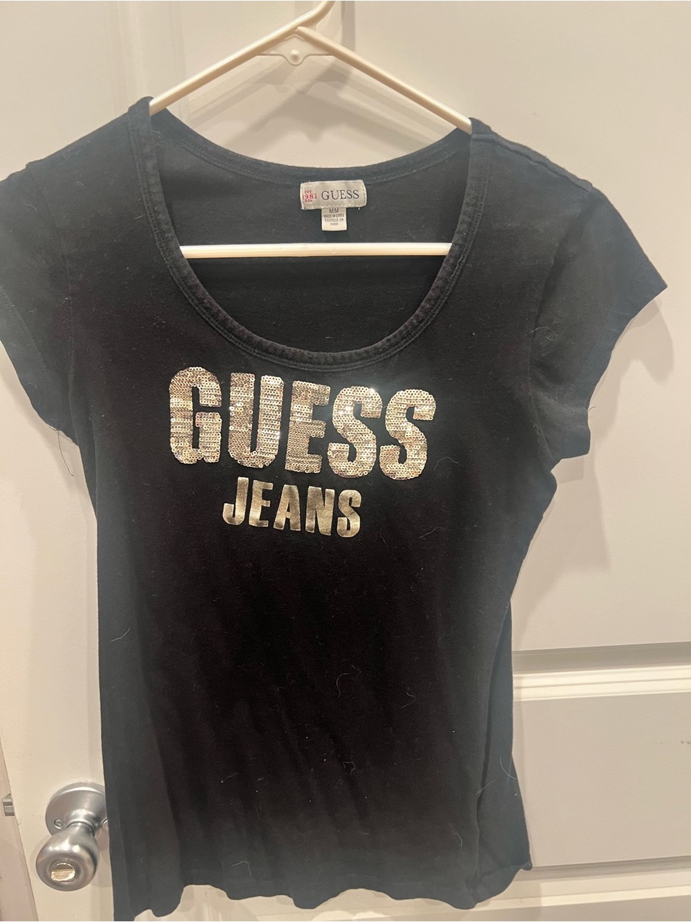 Guess Black Short-Sleeve Logo Tee with Metallic Silver Branding